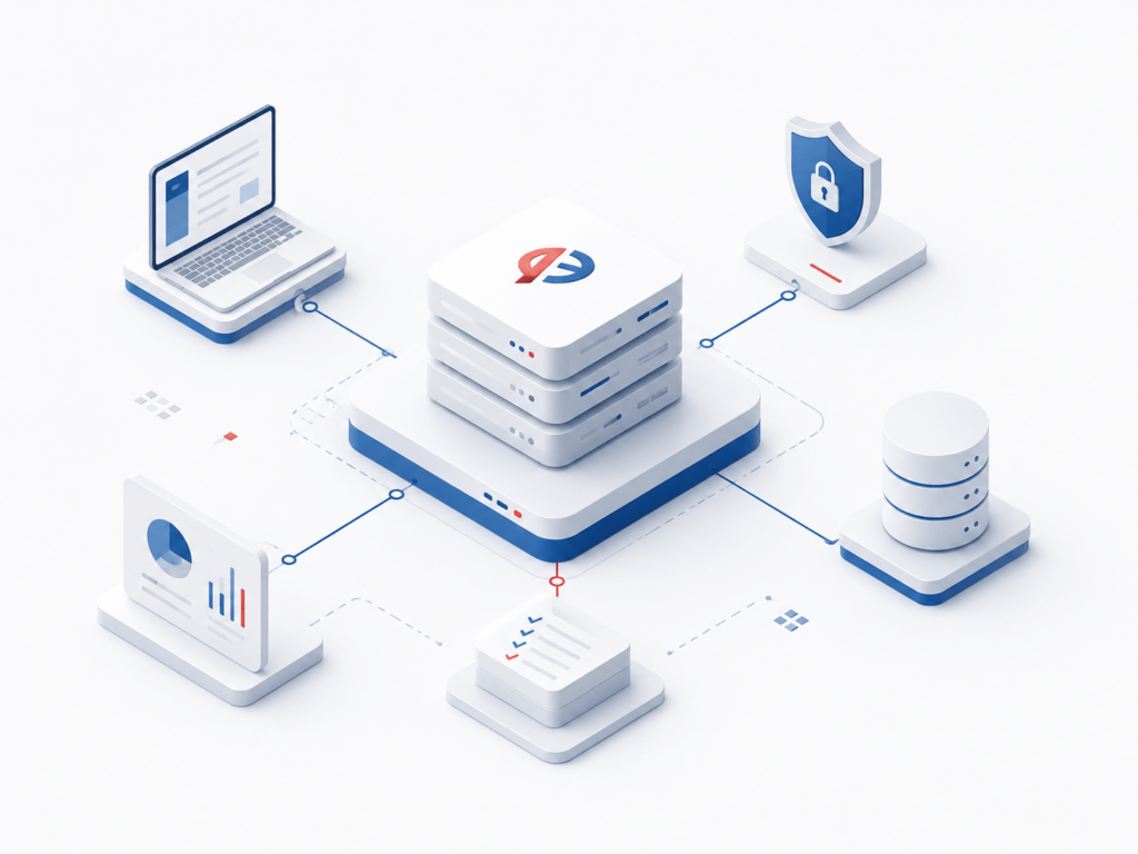 Isometrische Illustration einer strukturierten IT-Plattform mit Server, Datenhaltung, Sicherheit und verbundenen Systemen.